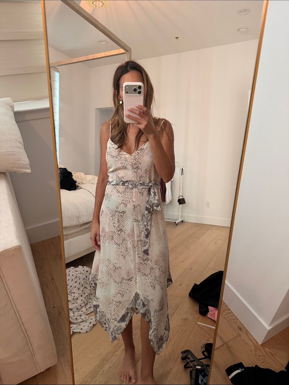 L’Agence Neutral Snake-Print Slip Dress with Tie Waist